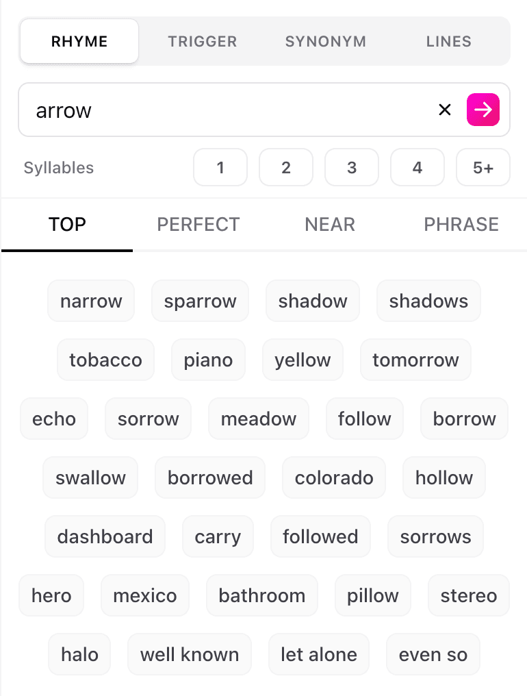 The rhymes feature of the Chorus songwriting app