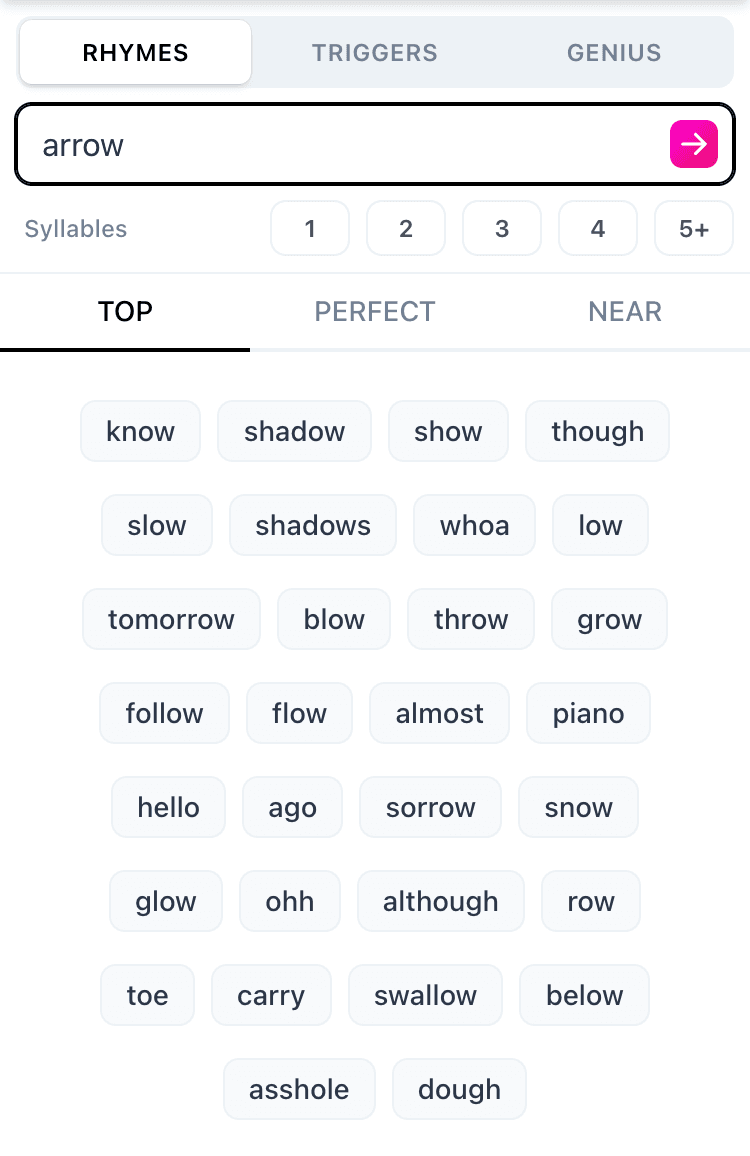 The rhymes feature of the Chorus songwriting app