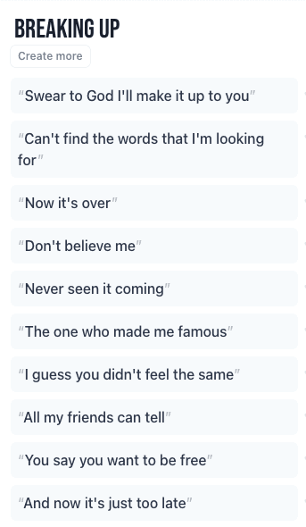Suggestions for phrases related to "Breaking up" for a pop song when asking Genius for songwriting help