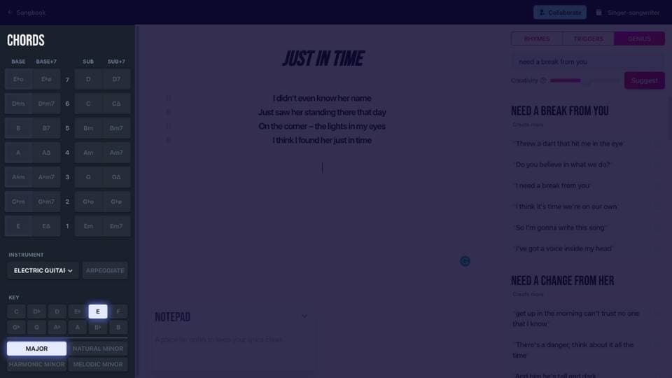 The chords panel showing the chords for the key of E major, including chord substitutions and 7ths.