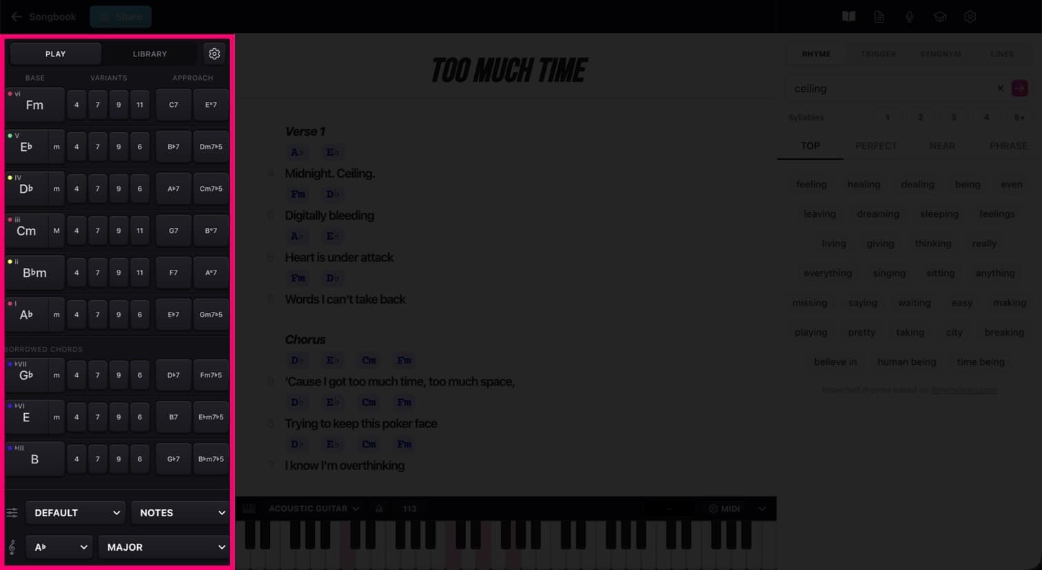 The chords panel showing the chords for the key of E major, including chord substitutions and 7ths.