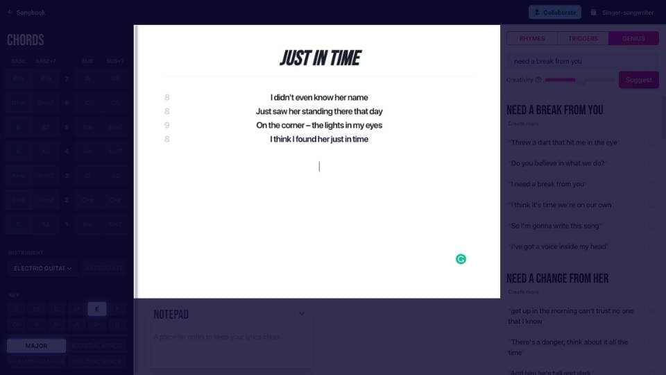 The lyric sheet in Chorus