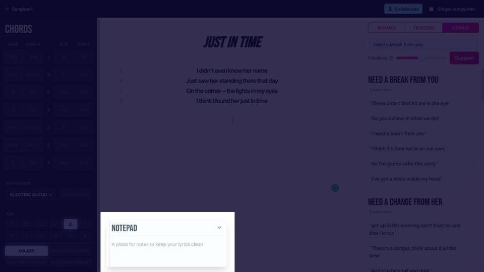 The notepad feature in Chorus
